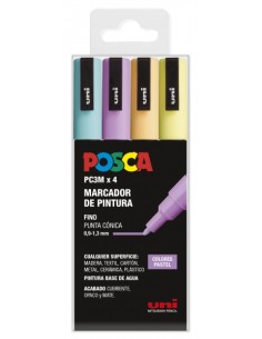 Posca PC3M Pack de 4 Marcadores de Pintura - Ponta Cônica 0.9-1.3mm - Tinta à Base de Água - Resistente à Luz - Não Permanente