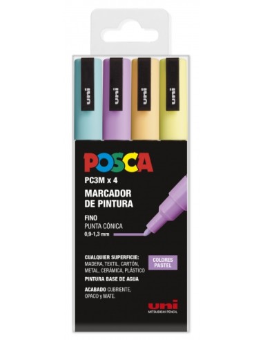 Posca PC3M Pack de 4 Marcadores de Pintura - Ponta Cônica 0.9-1.3mm - Tinta à Base de Água - Resistente à Luz - Não Permanente 