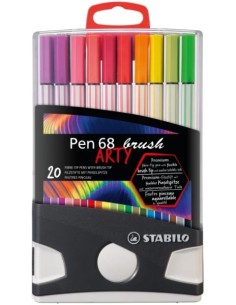 Stabilo Pen 68 Brush Arty Caixa de Plástico Rígido com 30 Marcadores - Ponta de Pincel - Tinta à Base de Água - Cores Sortidas