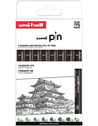 Uni-ball Uni Pin Clássico I Pack de 8 Marcadores Calibrados 0.03, 0.1, 0.3, 0.5, 0.7, 0.9, 1.2 e Brush - Ponta Poliacetal - Tin