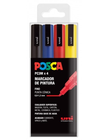 Posca PC3M Pack de 4 Marcadores de Pintura - Ponta Cônica 0.9-1.3mm - Tinta à Base de Água - Resistente à Luz - Não Permanente 