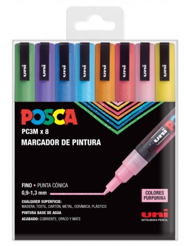 Posca PC3M Pack de 8 Marcadores de Pintura - Ponta Cônica 0.9-1.3mm - Tinta à Base de Água - Resistente à Luz - Ideal para Cart