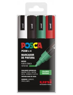 Posca PC-5M Estojo com 4 Marcadores de Pintura - Ponta de Bala 1.8-2.5mm - Tinta à Base de Água - Resistente à Luz - Cores Sort