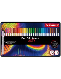 Stabilo Pen 68 Brush Arty Caixa Metálica de 30 Marcadores - Ponta de Pincel - Tinta à Base de Água - Cores Sortidas