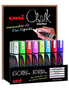 Uni-ball Chalk PWE-5M Expositor de 36 Marcadores de Giz Líquido - Ponta Cônica 1.8-2.5mm - Apagável a Úmido - Resistente à Chuv