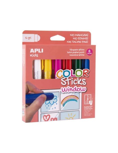 Apli Kids Color Sticks Window Pack 6 Têmperas Sólidas 6g - Especiais para Desenhar e Pintar em Vidros - Fácil Limpeza - Cores S
