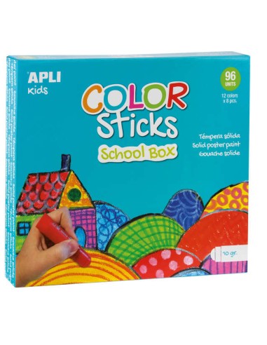Apli Color Sticks Têmperas Sólidas - Caixa de 96 Unidades de 10g - Cores Sortidas Ideais para Escolas e Coletivos - Acabamento 