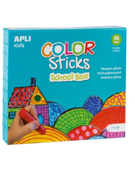 Apli Color Sticks Têmperas Sólidas - Caixa de 96 Unidades de 10g - Cores Sortidas Ideais para Escolas e Coletivos - Acabamento 