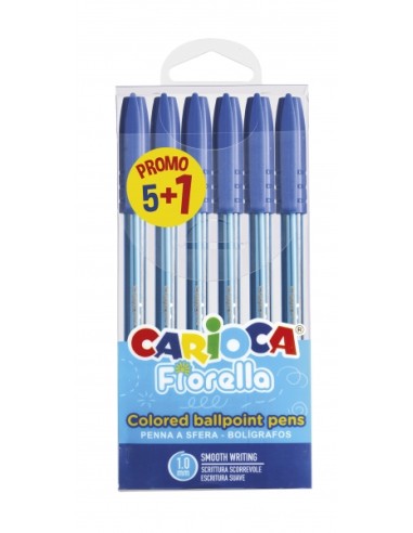 Carioca Fiorella Pack 5+1 Canetas Esferográficas Ø 1mm - Corpo Transparente - Escrita Brilhante e Colorida - Cor Azul