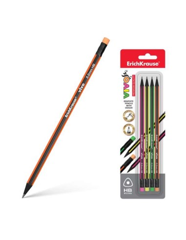 Erichkrause Vivo HB Pack de 4 Lápis de Grafite Triangular HB com Borracha da Cor do Lápis - Madeira Selecionada - Resistente ao