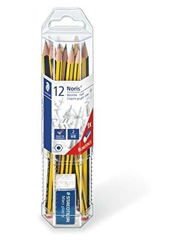 Staedtler Noris 120 Pack de 12 Lápis de Grafite Hexagonais + Borracha - Mina HB Ultrarrresistente de 2mm - Madeira de Florestas
