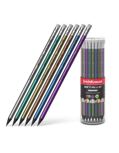 Erichkrause Metallic Lápis de Grafite HB com Borracha - Corpo Redondo de Plástico - Cores Sortidas