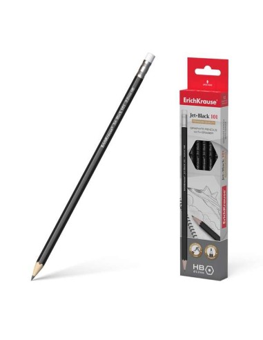 Erichkrause Jet Black 101 Lápis de Grafite Hexagonal HB com Borracha - Resistente a Impactos - Cor Preta