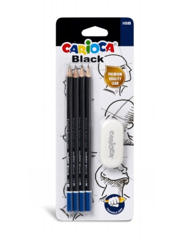 Carioca Blister de 4 Lápis de Grafite Black HB + Borracha - Fáceis de Apagar e Apontar - Corpo Triangular Agradável ao Toque - 
