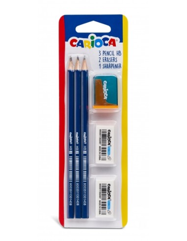 Pacote Carioca de 3 Lápis de Grafite HB + 2 Borrachas e Apontador - Fácil de Apagar e Apontar - Corpo Triangular Agradável ao T