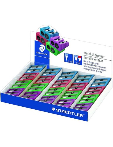 Staedtler Expositor de 20 Apontadores Metálicos com Lâmina de Metal - Ângulo de Afiamento de 23° e 30º - 2 Orifícios - Cores So