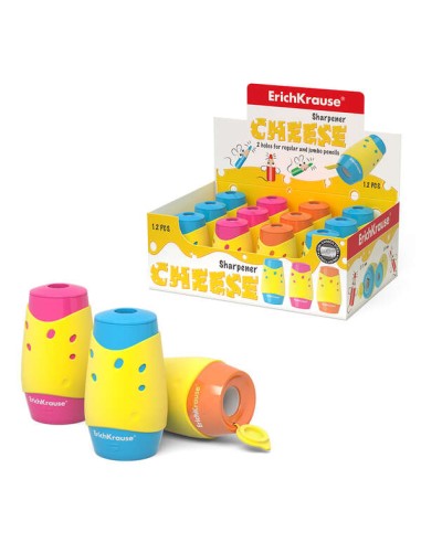 Apontador Erichkrause Cheese com Depósito - 2 Orifícios de 8 e 11mm - Design de Queijo - Lâmina de Aço Carbono - Cores Sortidas