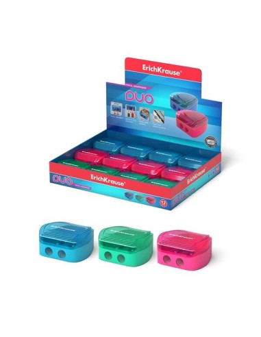 Erichkrause Duo - Apontador Duplo de Plástico - Recipiente para Aparas - Cores Néon - Diâmetro de 8mm - Lâmina de Aço Carbono -
