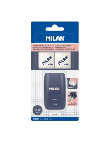 Milan Compact Série 1918 Afilaborra Compact com 2 Borrachas - Apontador Duplo - Lâmina de Segurança - Cor Azul Escuro