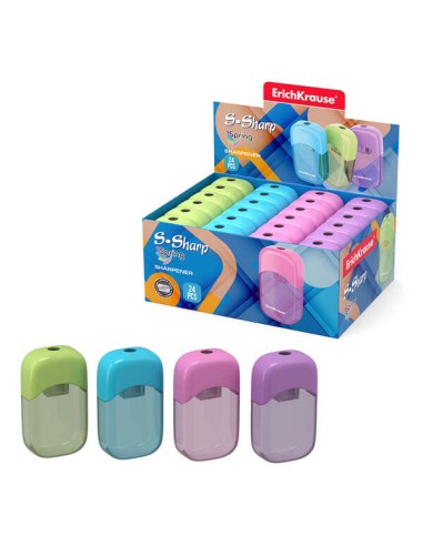Apontador Erichkrause S-Sharp com Recipiente - Design Ergonômico - Lâmina de Aço Resistente - Cor Sortida
