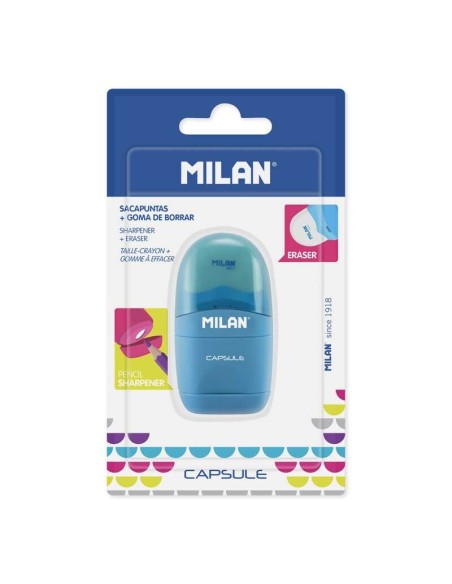 Milan Cápsula Afilaborras - Apontador e Borracha - Lâmina de Aço Carbono - Para todos os tipos de Lápis - Lâmina de Segurança -