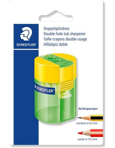 Staedtler 512 Apontador de Plástico Duplo Uso - Ângulo de Afiamento 23º e 30º - 2 Orifícios - Depósito - Cores Sortidas