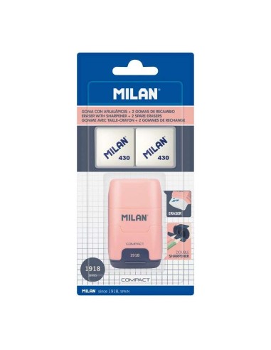 Milan Compact Série 1918 Afilaborra Compacto com 2 Borrachas - Apontador Duplo - Lâmina de Segurança - Cor Rosa
