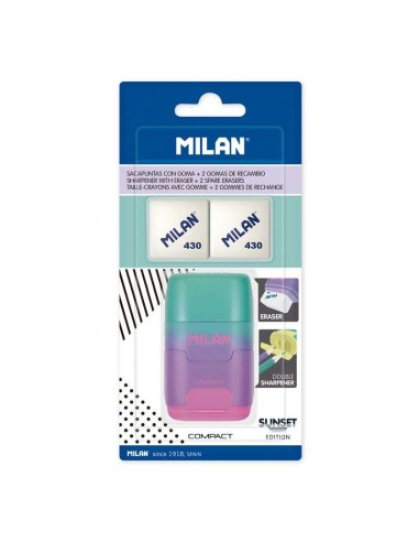 Milan Compact Sunset Afilaborra Compact com 2 Borrachas - Apontador Duplo - Lâmina de Segurança - Cor Turquesa/Violeta/Rosa