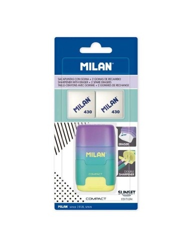Milan Compact Sunset Afilaborra Compact com 2 Borrachas - Apontador Duplo - Lâmina de Segurança - Cor Turquesa/Violeta/Amarelo