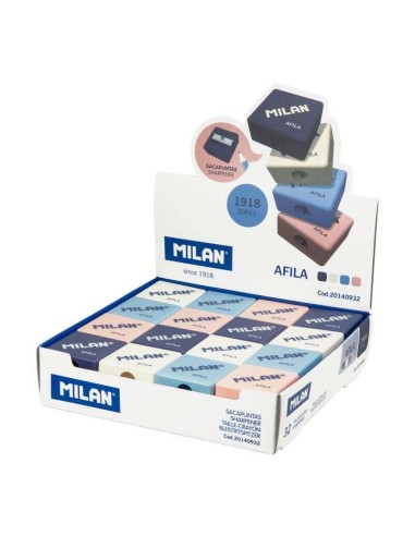 Milan Afia Série 1918 Expositor de 32 Apontadores - Lâmina de Aço - Cores Branco, Azul Claro, Azul Escuro e Rosa