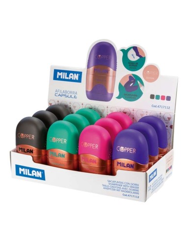 Expositor de 12 Afilaborras Milan Capsule Copper - Lâmina de Aço - Borracha - Lâmina de segurança - Cores Sortidas