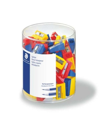 Staedtler Pack de 100 Apontadores de Plástico - 1 Furo - Ângulo de Afiamento de 23° - Cores Sortidas