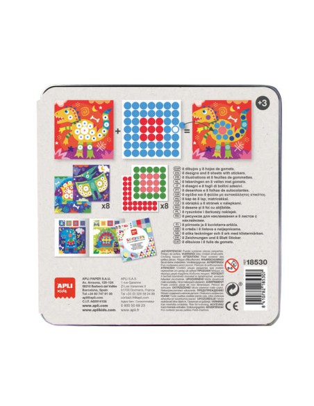 Apli Kids Jogo de Autocolantes Dino - Inclui 8 Folhas Ilustradas - 8 Folhas de Autocolantes Removíveis - Caixa Metálica Exclusi