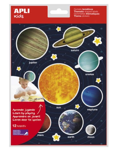 Apli Gomets Temáticos Sistema Solar - 240 Adesivos em 12 Folhas - Adesivo Removível - Ideal para Aprendizagem Visual e Habilida