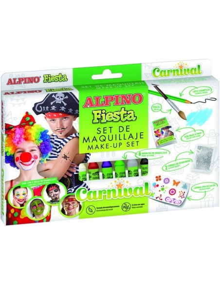 Pacote de Maquiagem Alpino Fiesta Carnival com 6 Bastões de Pintura Facial + Pincel + Tatuagens Adesivas + Lápis Delineador e 2