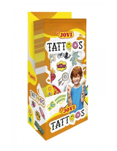 Jovi Expositor com 24 Packs de Tatuagens Temporárias - 6 Lâminas por Pack - Mais de 80 Motivos - Emoticons, Animais, Objetos et
