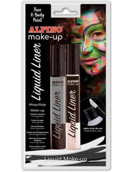 Alpino Make-up Liquid Liner Pack com 2 Frascos de Maquiagem Líquida com Aplicador - Sai com Água - Testado Dermatologicamente -