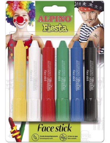 Alpino Fiesta Face Stick Pack com 6 Bastões de Pintura Facial - Sistema Retrátil Giratório - Lava-se com Água - Testado Dermato