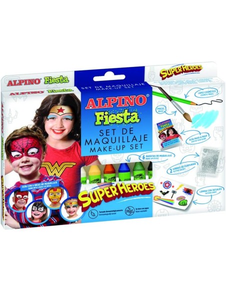 Alpino Fiesta Superheroes Pack de Maquiagem com 6 Bastões de Pintura Facial + Pincel + Tatuagens em Decalque + Lápis Delineador