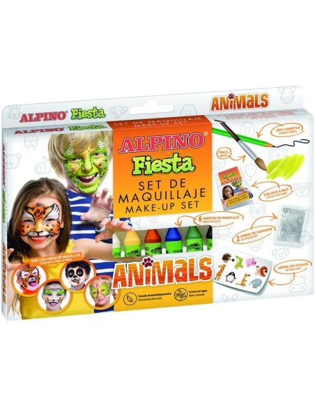 Alpino Fiesta Animais Pack de Maquiagem com 6 Bastões de Pintura Facial + Pincel + Tatuagens em Adesivo + Lápis Delineador e 2 