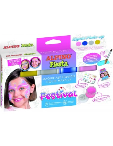 Alpino Fiesta Festival Pack com 4 Frascos de Maquiagem Líquida de Cores Diferentes + Pincel + Guia de Ideias - Lavável com Água