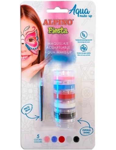 Alpino Fiesta Aqua Make-up Pack Torre de Maquiagem Facial Aquarelável com 5 Cores Diferentes + Pincel + Esponja - Lave com Água