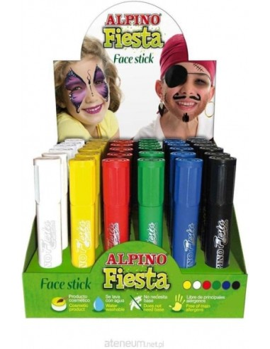 Expositor de Batons Faciais Alpino Fiesta com 36 Barras de Pintura Facial - Sistema Retrátil Giratório - Lavável com Água - Tes