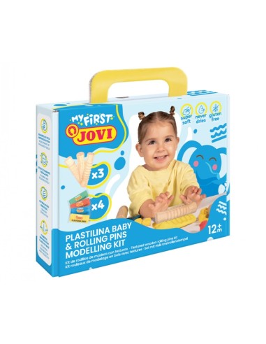 Jovi Meu Primeiro Kit de Modelagem de Massinha com 4 Potes de Massinha 38g + 3 Rolos de Madeira - Super Macia - Estimula Criati