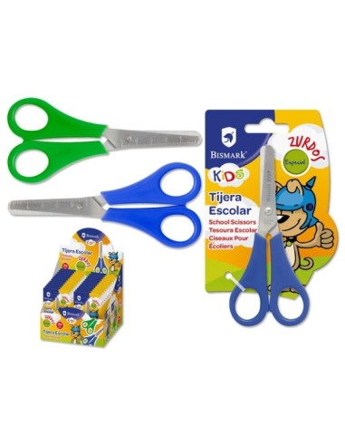 Tesoura Escolar para Canhotos Bismark Kids - Cabos de Plástico - Ponta Redonda - Cores Azul e Verde