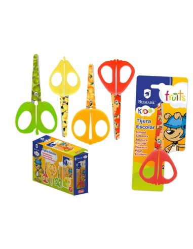 Bismark Kids Fruits Tesoura Escolar 13cm - Lâminas e Cabos Decorados com Frutas - Cabos em Plástico - Ponta Redonda - 4 Designs