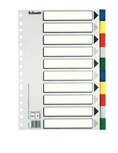 Esselte 713 Bolsa de 10 Separadores de Plástico - 10 Abas / 5 Cores - Multifuros - Formato Folio