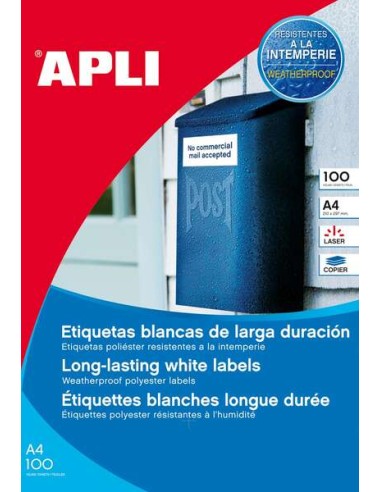 Pacote Apli de 100 Etiquetas Resistentes ao Clima 210 x 297mm - Poliéster com Acabamento Fosco - Cantos Retos - Cor Branca