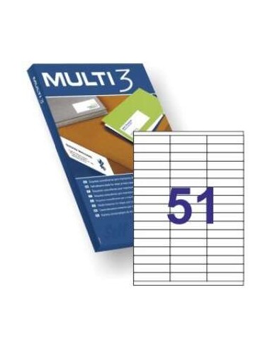 Multi3 Pacote de 5100 Etiquetas Brancas Tamanho 70x16.9mm - 100 Folhas x 51 Etiquetas - Adequadas para Impressão a Laser e Jato