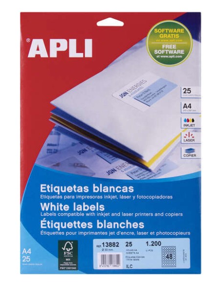 Apli Pack de 1.200 Etiquetas Redondas Ø 30mm - 25 Folhas com 48 Etiquetas - Adesivo Permanente - Cor Branco